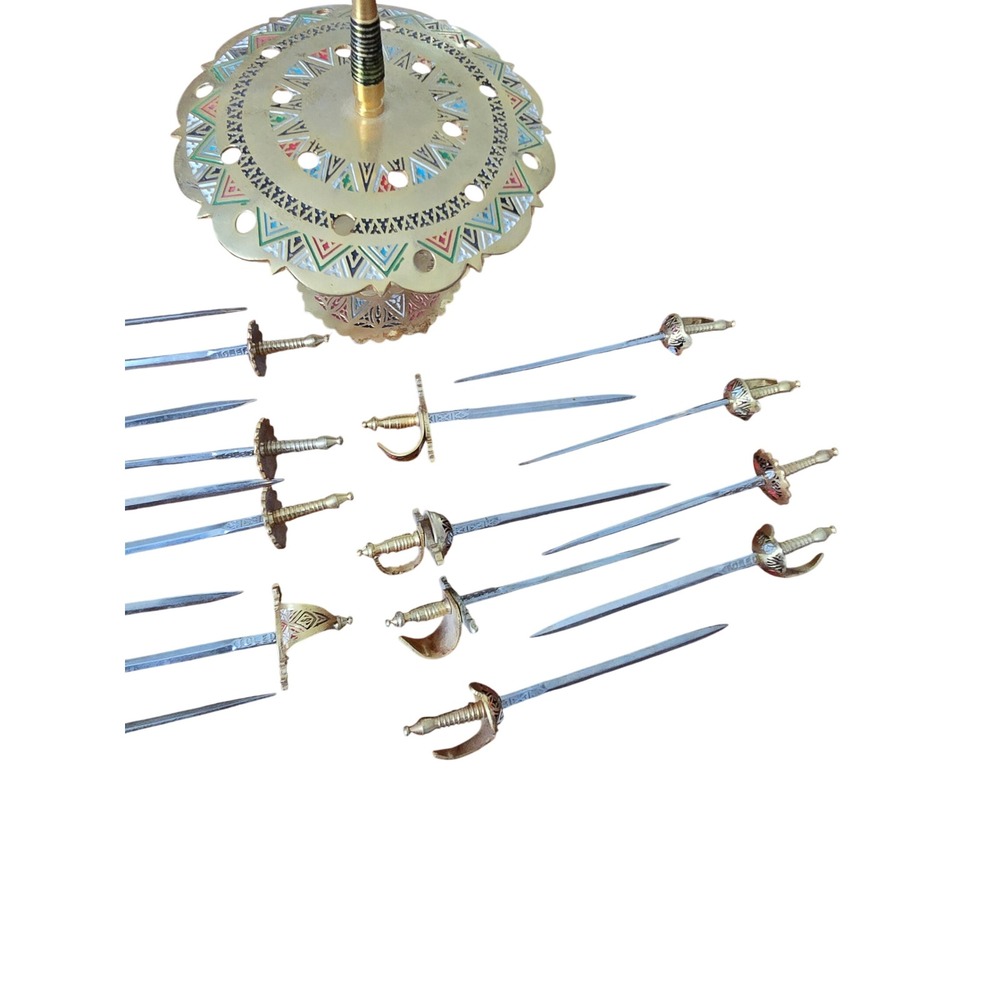 Vintage Toledo Spain Miniature Sword Cocktail Pick Set with Enameled Brass Stand - Picture 4 of 16